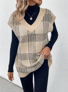 SHEIN Essnce 女士犬牙針織毛衣背心 - 杏色 - 查看 3