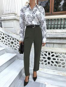 RueChic Của phụ nữ Cao eo Giò thẳng Quần - Màu Khaki - Xem 5