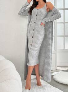 Women's Knitted Button-up Sweater Vest & Cardigan And Ribbed Dress Homewear Set - Light Grey - View 6