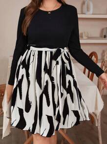 SHEIN Clasi Talla grande Vestido con cinturón con estampado de dibujo - Multicolor - Ver 5