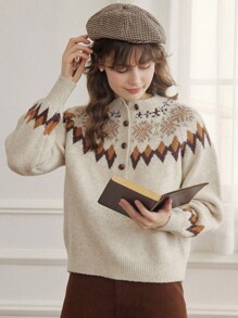 Simple Retro Len In Nút Vòng cổ Áo len - Màu be - Xem 1