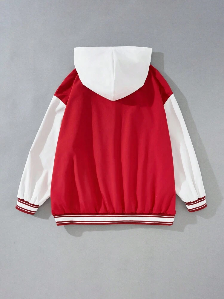 Plus Size Hooded Jacket Featuring Sentence Print And Color Block Design