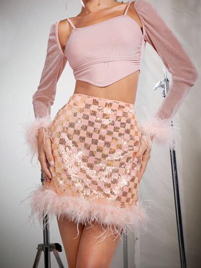 Hauture Checker Sequin Fuzzy Trim Hem Skirt