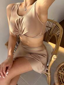 DAZY 女士纯色扭纹前背心式比基尼，适合夏季海滩度假，Tankini 泳衣 - 卡其色 - 查看 3