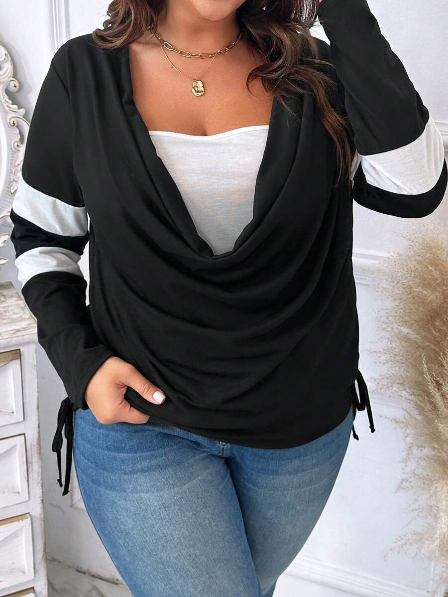 SHEIN LUNE 女式大码拼色垂领 T 恤 - 彩色 - 查看 1