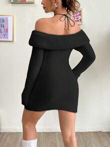 SHEIN MOD Của phụ nữ Off Shoulder Tay áo dài Đầm Áo len - màu đen - Xem 2