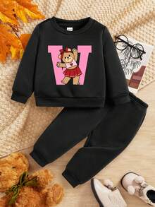 Baby Girl Cartoon Graphic Sweatshirt & Sweatpants - Black - View 1