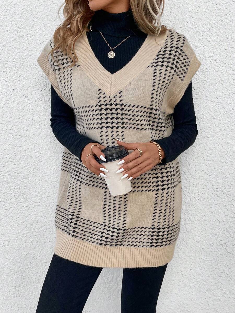 SHEIN Essnce 女士犬牙針織毛衣背心 - 杏色 - 查看 1