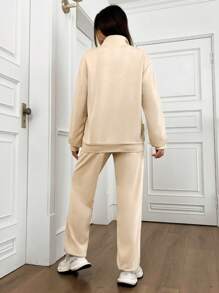 SHEIN Unity 女性拉鍊半高領衫和長褲套裝 - 杏色 - 查看 2