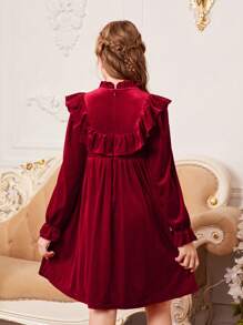 SHEIN 青少女學院風蝴蝶結及荷葉邊長袖裙 - 酒紅色 - 查看 2