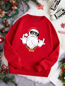 SHEIN EZwear Loose Fit Women's Christmas Print Drop Shoulder Fleece Sweatshirt - Red - View 1