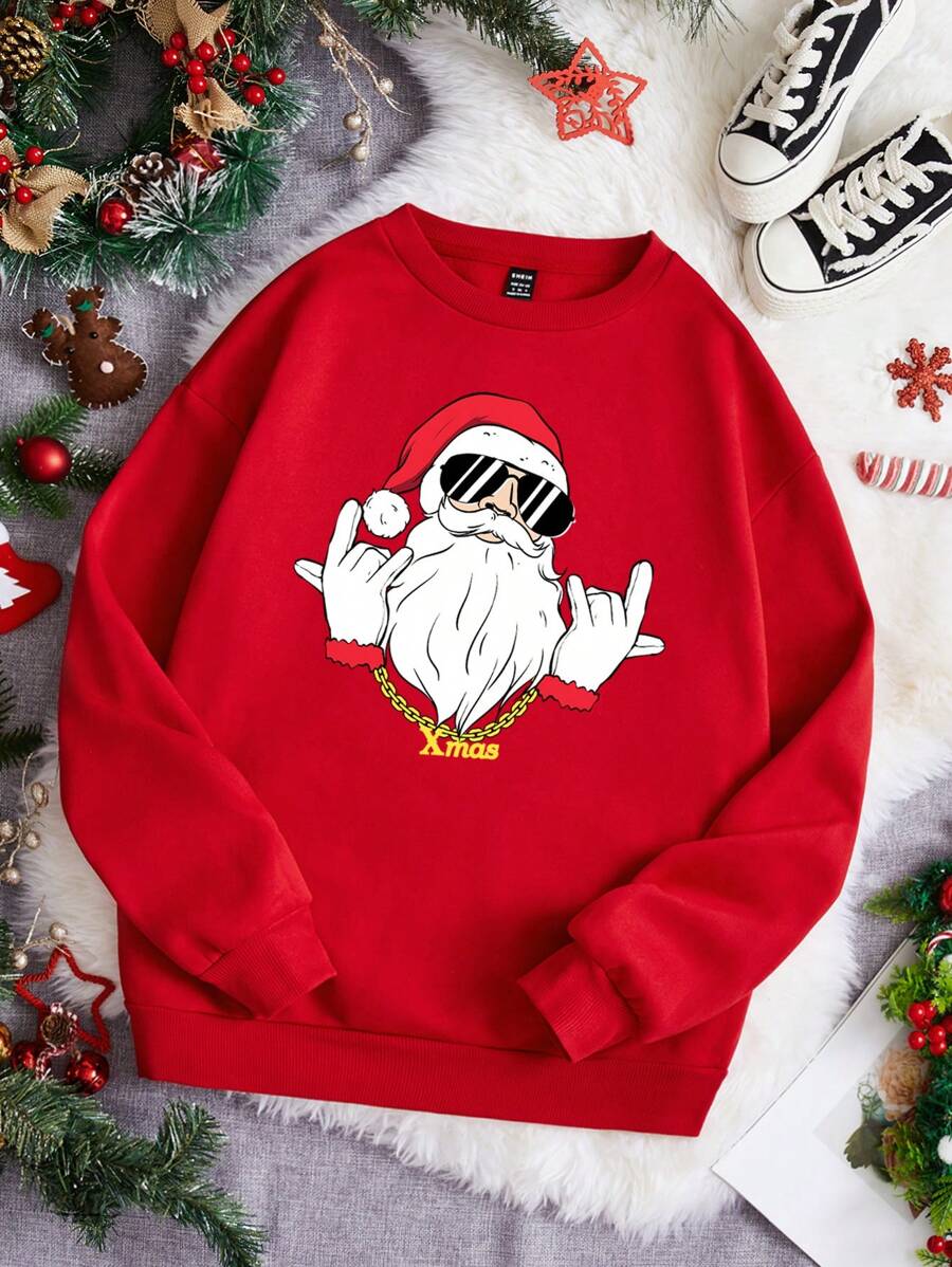 SHEIN EZwear Loose Fit Women's Christmas Print Drop Shoulder Fleece Sweatshirt - Red - View 1