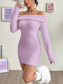 SHEIN MOD 女性露肩長袖修身毛絨毛衣裙 - 紫色 - 查看 1