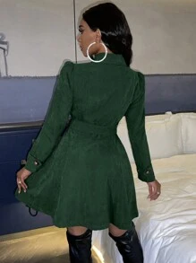 Slaydiva 泡泡袖雙排扣束帶風衣 - 墨綠色 - 查看 2