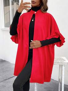 SHEIN Clasi 1pc Ruffle Trim Batwing Sleeve Open Front Overcoat - Red - View 6