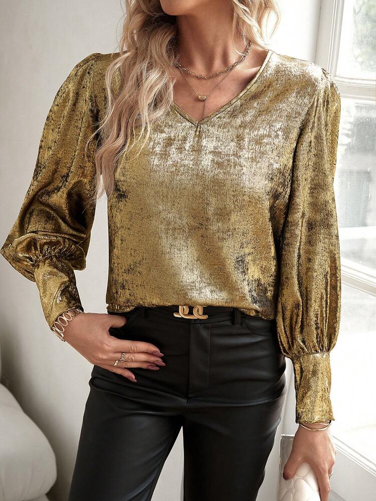 Ladies' Shiny Puff Sleeve Shirt Fall Cloth For Women
