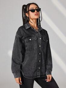 SHEIN EZwear Women's Flip Pocket Button-down Denim Shirt Top - Grey - View 2