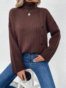 SHEIN LUNE Của phụ nữ Áo cao cổ Thả vai Có nút Áo len - Cà phê nâu - Xem 3