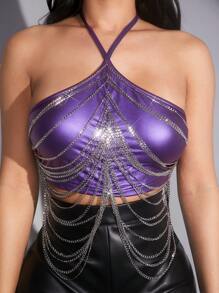 SHEIN SXY 女士鏈條裝飾綁頸上衣 - 紫色 - 查看 3