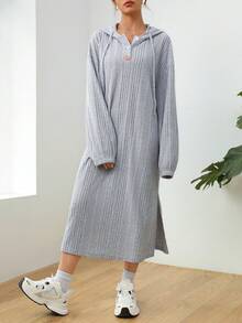 SHEIN EZwear Solid Color Drawstring Hoodie Dress With High Slit Hem - Grey - View 4