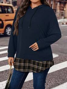 Calvaya Plus Size Patchwork Hoodie With Plaid Hem And Drawstring - Navy Blue - View 4