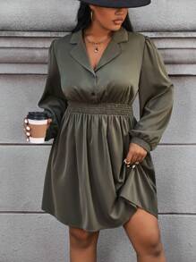 Calvaya Plus Size Turn-down Collar Shirt Dress - Army Green - View 7