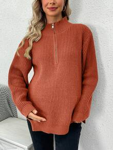 SHEIN 孕婦裝 磚紅色針織開衩毛衣 - 橘色 - 查看 5