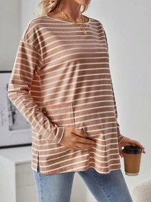 SHEIN Maternity Striped & Printed Double Pocket T-shirt - Pink - View 4