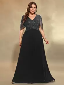 Plus Size Sequin Patchwork Fringe Chiffon Party Dress - Black - View 1