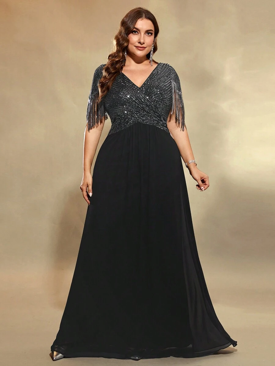 Plus Size Sequin Patchwork Fringe Chiffon Party Dress - Black - View 1