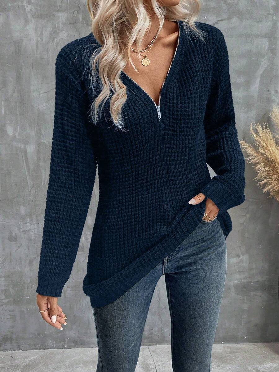 SHEIN LUNE Women's Solid Color Zipper Sweater - Navy Blue - View 1