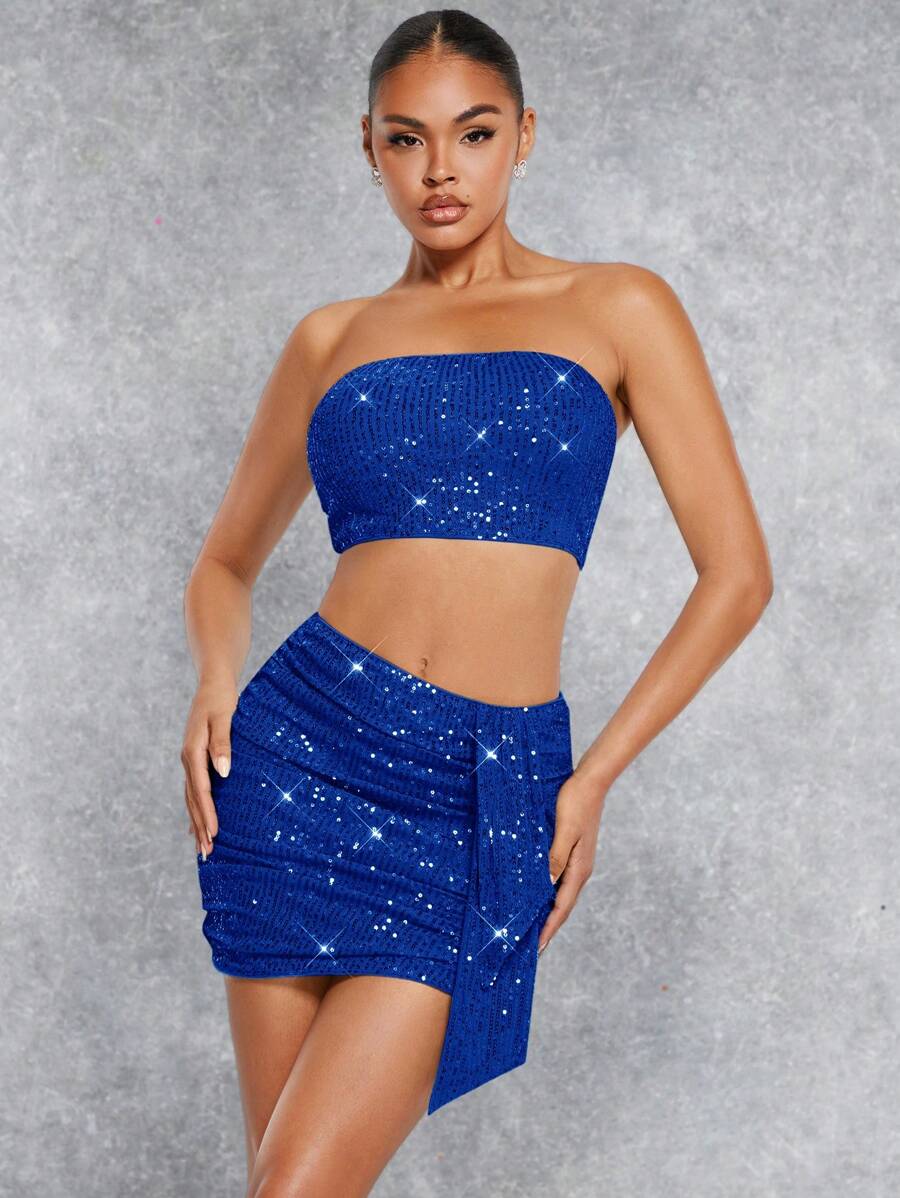 SHEIN BAE Ladies' Blue Sequined Two Piece Set Including Skirt, Perfect For New Year Outfits - Royal Blue - View 1