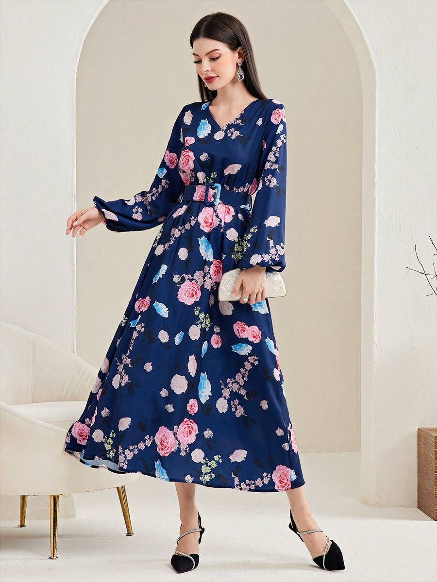 Mulvari 女士花卉印花燈籠袖連衣裙 - 藍色 - 查看 1