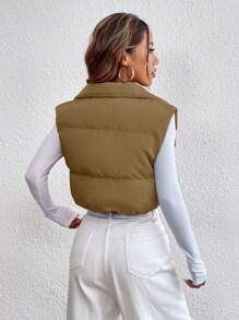 SHEIN EZwear 純色無袖填充背心外套 - 卡其色 - 查看 2