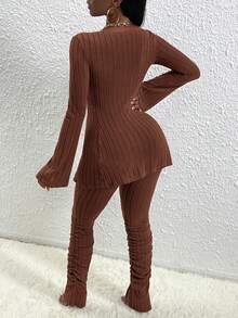 Slaydiva Casual Home Style Tie-Front Top And Pleated Slit Hem Trousers Brown Brushed Ribbed Women's Bodycon Two-Piece Set - Brown - View 2