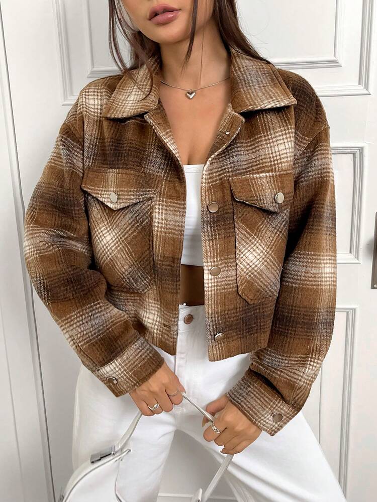Women's Plaid Notched Collar Flap Pocket Woolen Coat