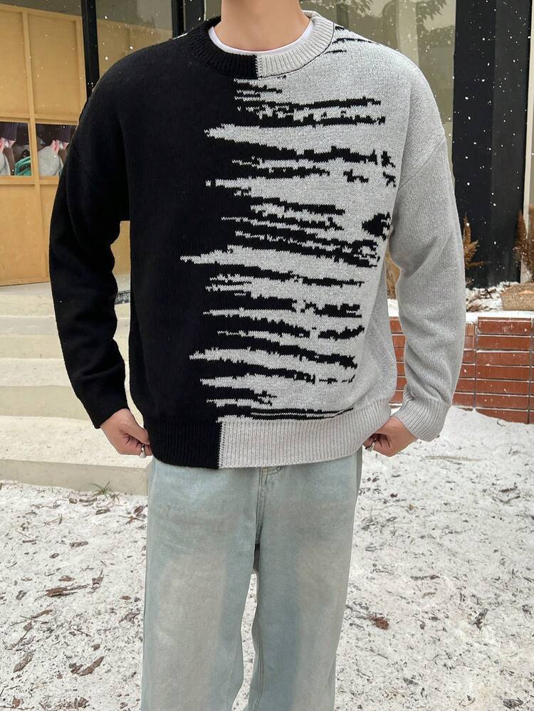 Men's Oversized Colorblock Sweater With Drop Shoulder