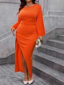 Celure Women'S Plus Size High Slit Dress - Orange - View 1