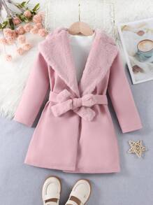SHEIN 小女孩秋冬毛呢淑女休閒有領大衣 - 粉色 - 查看 1
