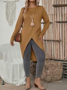 EMERY ROSE Asymmetrical Hem Long Sleeve T-shirt - Brown - View 1