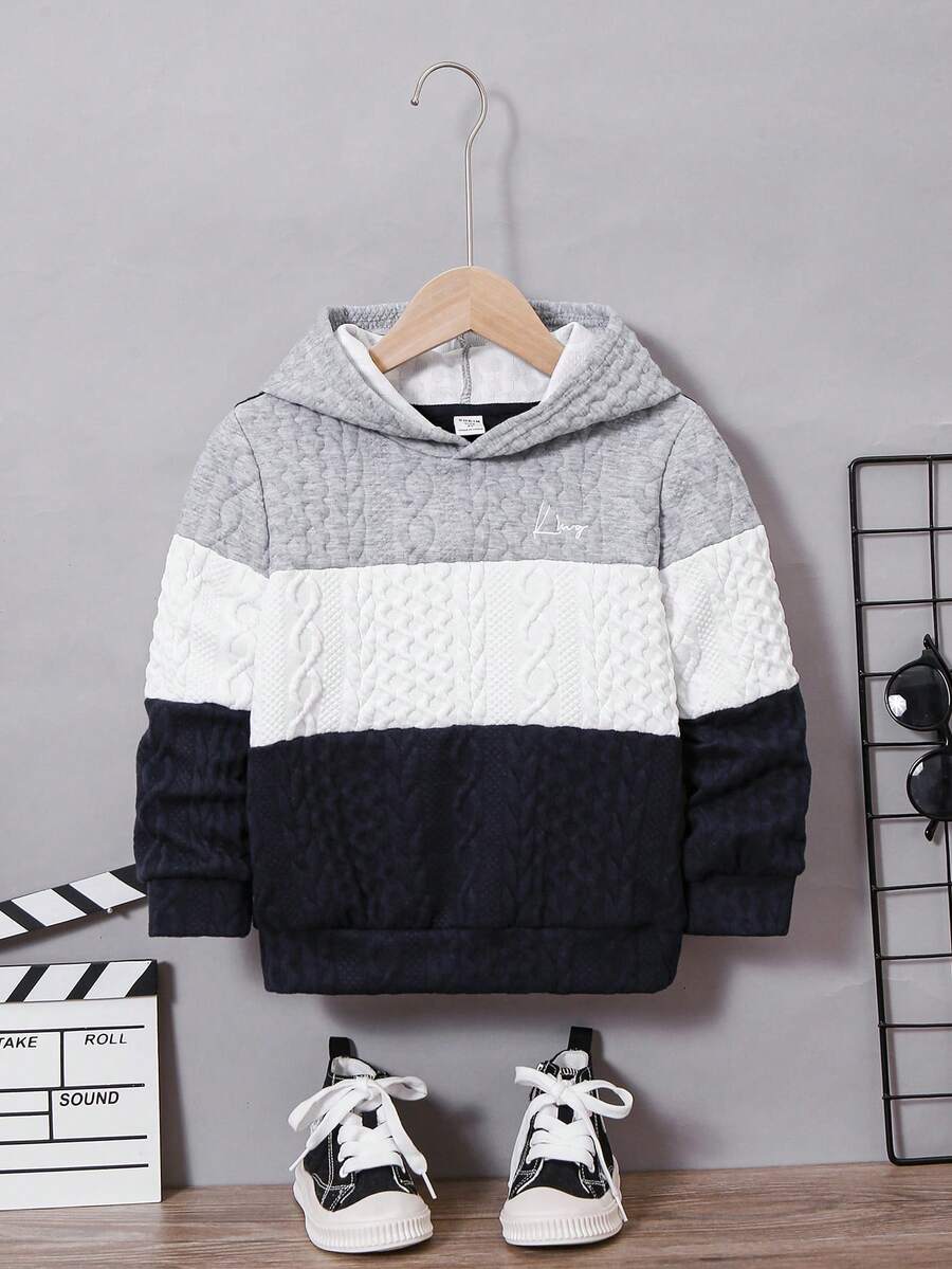 SHEIN Young Boy Casual Comfortable Patchwork Color Block Embroidered Hooded Sweatshirt - Blue - View 1