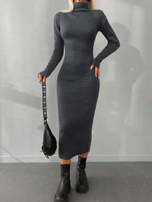 EURMUSE Turtleneck Ribbed Knit Bodycon Sweater Dress - Dark Grey - View 5