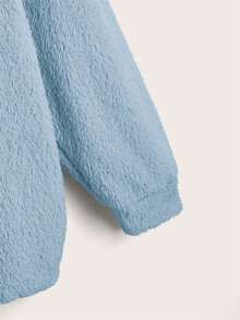 SHEIN EZwear 加大码抓绒抽绳卫衣，落肩设计 - 藍色 - 查看 5