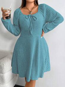 Flirla Kích thước lớn Của phụ nữ Tay áo lồng đèn Sọc Đầm - Màu xanh nhạt - Xem 1