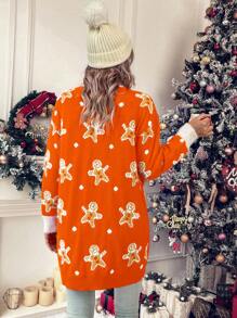 SHEIN Essnce 女性休閒開衫針織衫,帶著薑餅人圖案 - 橘色 - 查看 2