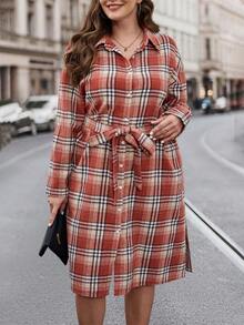 SHEIN LUNE 大尺碼女裝格紋束帶襯衫連身裙 - 彩色 - 查看 3