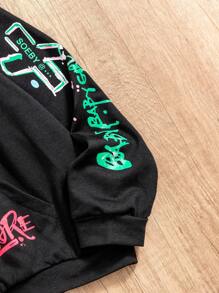 SHEIN Tween Girl Letter Graphic Zip Up Hooded Jacket - Black - View 4