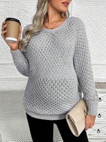 SHEIN Maternity Knitted Batwing Sleeve Sweater With Hollow Out Design - Grey - View 1