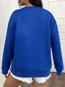 SHEIN Unity 宽松圆领长袖笑脸图案休闲套头衫 - 寶藍色 - 查看 2