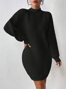 Chiquease Fashionable Versatile Stand Collar Fine Rib Knit Dress Without Belt - Black - View 5